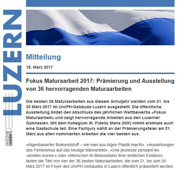 Medienmitteilung Fokus Maturaarbeit 2017 - Kanton Luzern